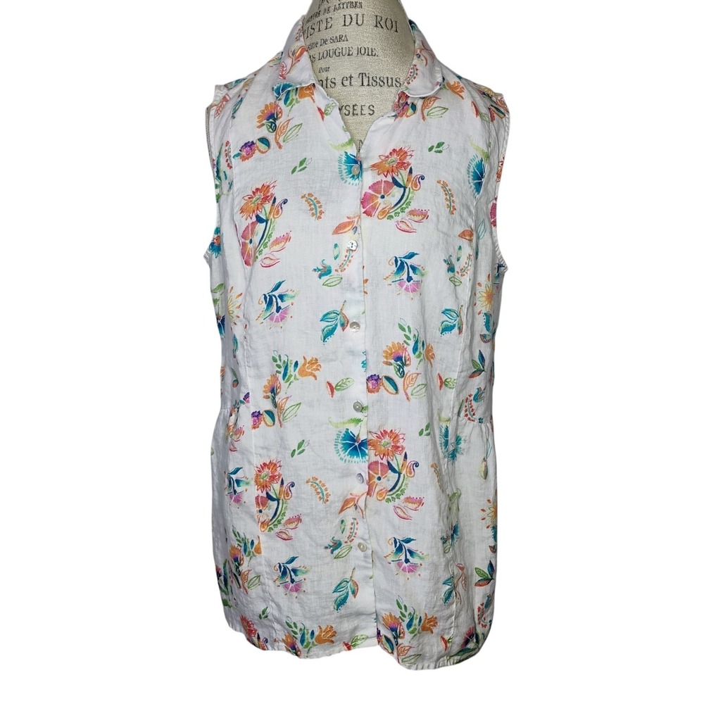 J.Jill Love‎ Linen Top Womens Large Petite Floral Sleeveless Button Front Collar
